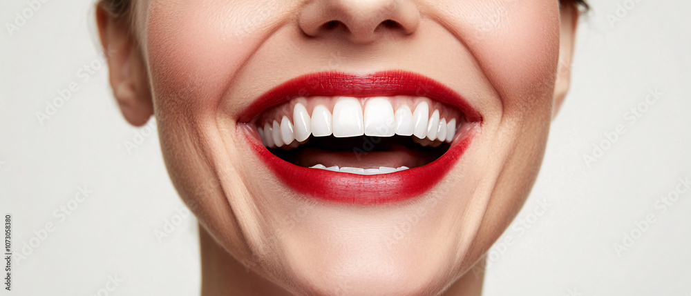 Closeup of a Womans Bright Smile with Red Lipstick Closeup of a Womans Bright Smile with Red Lipstick