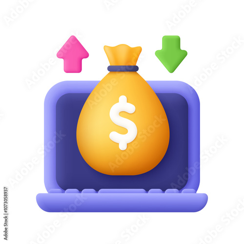 Computer laptop and money bag with dollar sign and up and down arrow. Finance, banking, investment and trading concept. 3d vector icon. Cartoon minimal style.