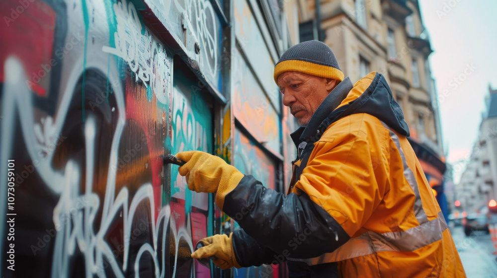 An artist dressed in a bright yellow jacket and gloves actively paints graffiti on a vibrant urban wall. The setting is a lively street filled with buildings and the light of the late afternoon sun, An artist dressed in a bright yellow jacket and gloves actively paints graffiti on a vibrant urban wall. The setting is a lively street filled with buildings and the light of the late afternoon sun,