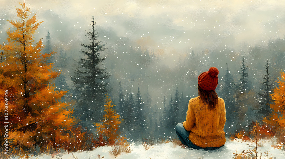 A woman in a cozy orange sweater and red hat sits in a snowy landscape, surrounded by autumn trees, gazing at a misty mountain view. A woman in a cozy orange sweater and red hat sits in a snowy landscape, surrounded by autumn trees, gazing at a misty mountain view.