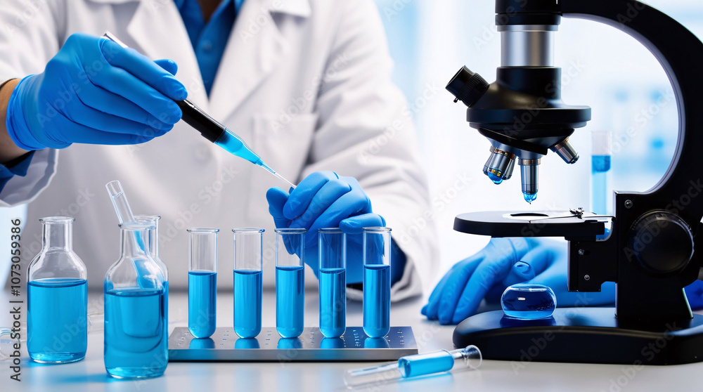 a male scientist in a white lab coat and blue gloves using an eyedropper to place liquid into test tubes on the table a male scientist in a white lab coat and blue gloves using an eyedropper to place liquid into test tubes on the table