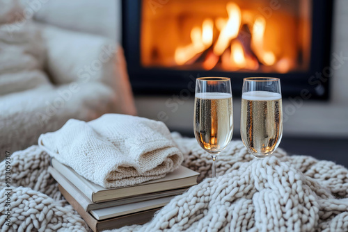 Cozy Setting with Champagne Glasses by the Fireplace