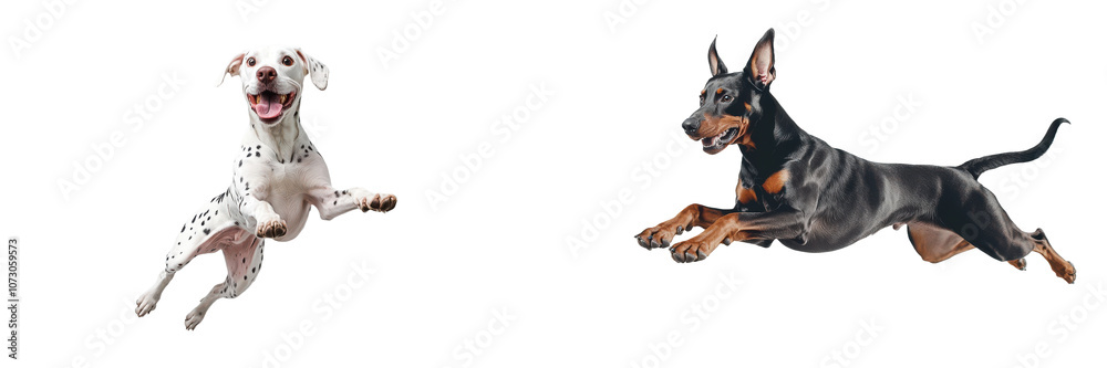 Happy Dalmatian and Doberman Pinscher Dogs Jumping in the Air on transparent background Happy Dalmatian and Doberman Pinscher Dogs Jumping in the Air on transparent background