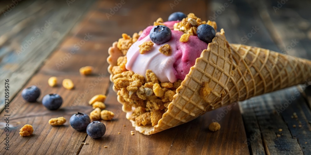 A waffle cone filled with pink and white ice cream, topped with blueberries and granola, sits on a wooden surface. A waffle cone filled with pink and white ice cream, topped with blueberries and granola, sits on a wooden surface.