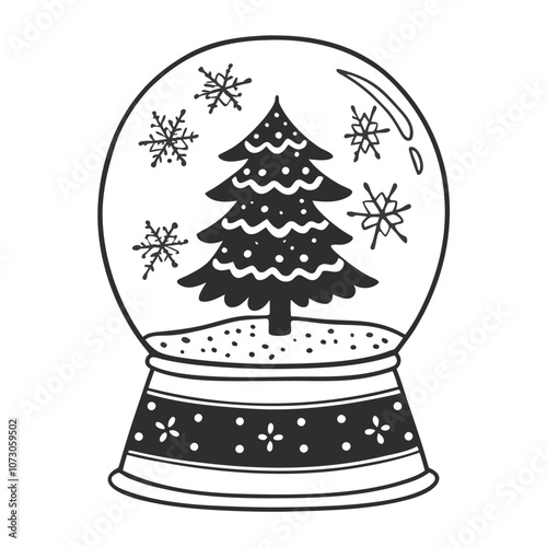 Christmas snow globe illustration, black and white, decorative holiday design element