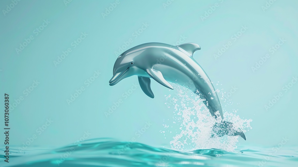 Fototapeta premium A 3D rendered dolphin leaping out of the water on a teal background.