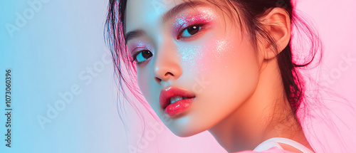 Closeup Portrait of a Young Woman with Glittery Makeup and Neon Lighting, Closeup Portrait of a Young Woman with Glittery Makeup and Neon