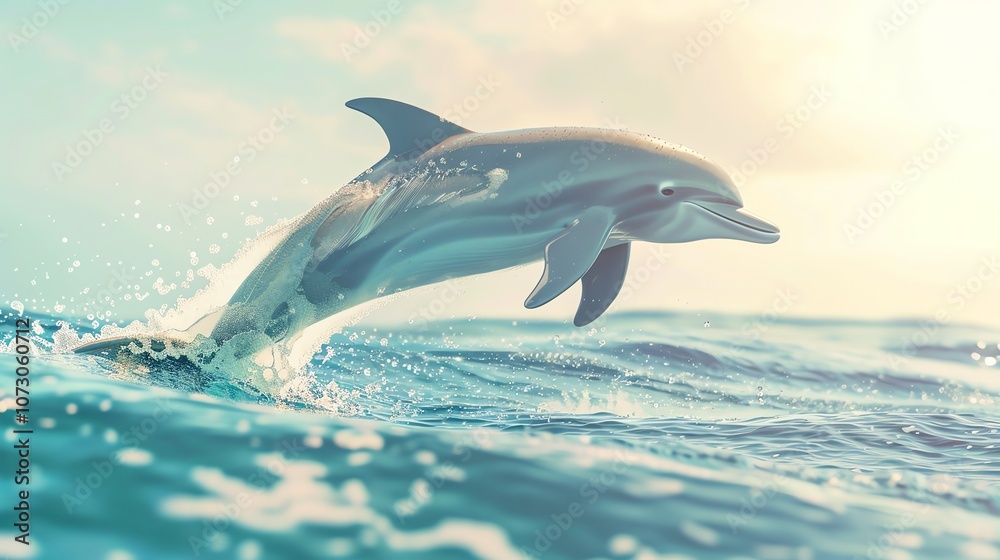 Fototapeta premium A dolphin leaps out of the water, its sleek body backlit by the sun.