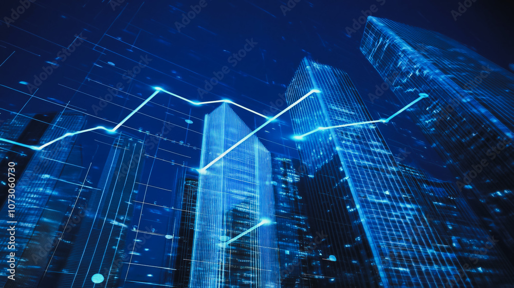Smart digital Innovation city Business skyscrapers in the Financial District with connection network reciprocity over the cityscape. of future smart wireless digital city and social media networking Smart digital Innovation city Business skyscrapers in the Financial District with connection network reciprocity over the cityscape. of future smart wireless digital city and social media networking