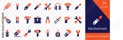 Electrical tools solid icon set. containing screwdriver, pliers, wrench, drill, hammer, saw, multimeter and more vector design 