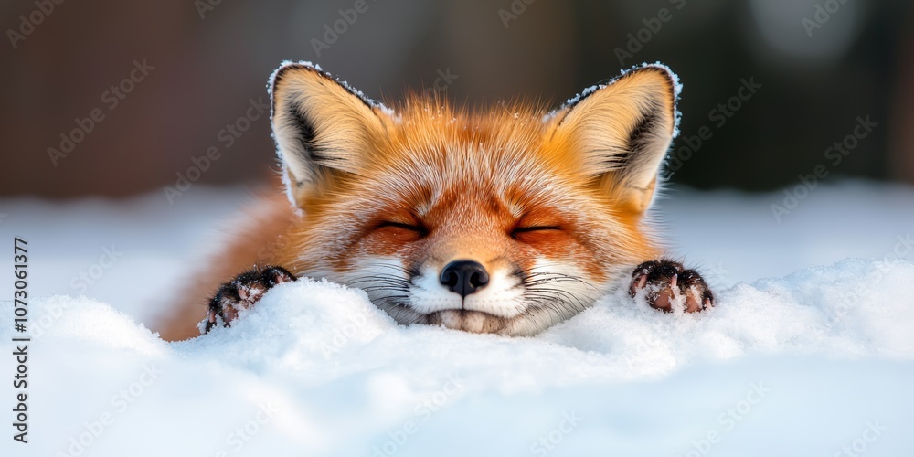 Fototapeta premium A sleeping fox peacefully rests in freshly fallen snow during a serene winter landscape.