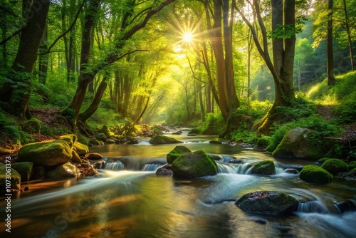 Tranquil Picturesque Water Stream Flowing Through Lush Forest with Sunlight Filtering Through Leaves and Creating a Serene Atmosphere for Nature Lovers and Outdoor Enthusiasts