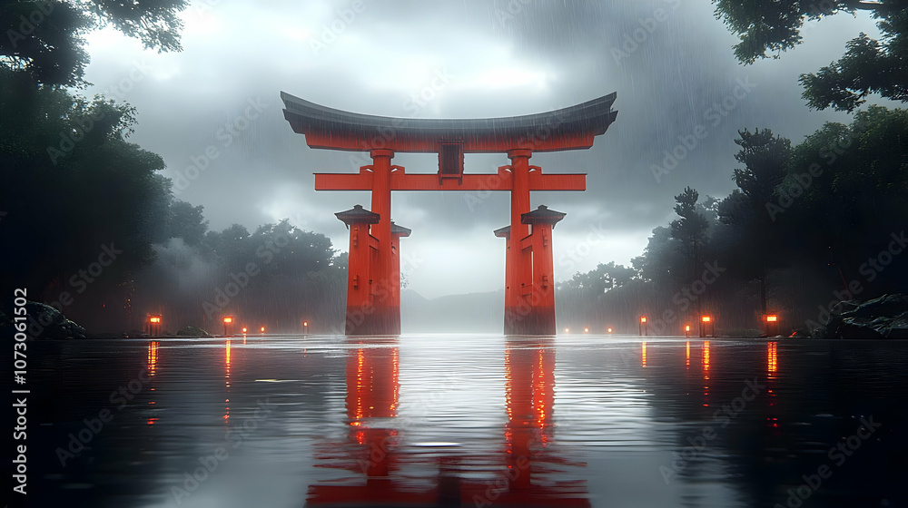 Rainy Day at the Torii Gate - 3D Illustration Rainy Day at the Torii Gate - 3D Illustration