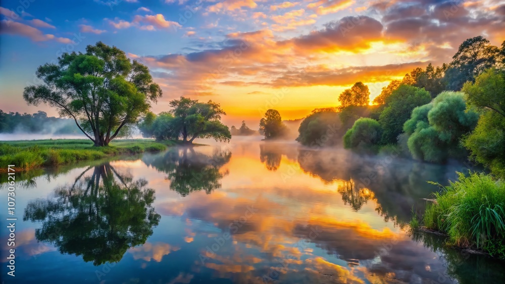 Tranquil River Landscape at Dawn with Misty Reflections and Lush Greenery, Ideal for Nature Lovers and Outdoor Enthusiasts Seeking Serene Water Scenes Tranquil River Landscape at Dawn with Misty Reflections and Lush Greenery, Ideal for Nature Lovers and Outdoor Enthusiasts Seeking Serene Water Scenes