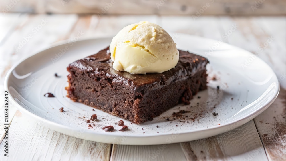 A decadent chocolate brownie topped with a generous scoop of vanilla ice cream, creating a delightful dessert experience. A decadent chocolate brownie topped with a generous scoop of vanilla ice cream, creating a delightful dessert experience.