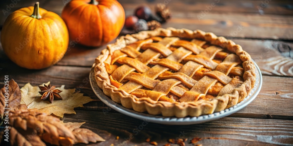 Fototapeta premium A Rustic Autumnal Still Life with a Homemade Pumpkin Pie, Whole Pumpkins, and Dried Leaves on a Wooden Table