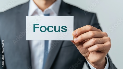 Businessman holding a card that reads 'Focus' in a professional setting, promoting concentration and productivity.