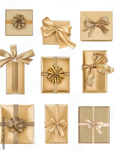 Real gold gift photo with gold ribbon, blank white background, Distinctive gift boxes, Gift box set photo