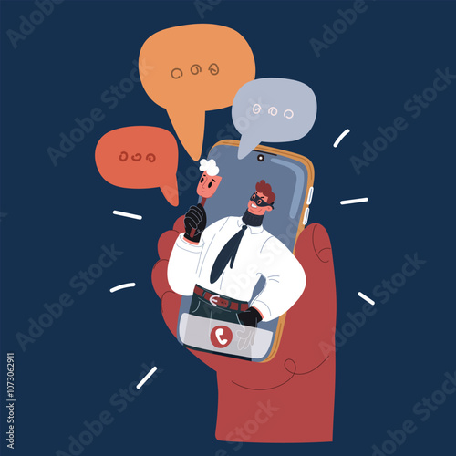 Cartoon vector illustration of a phone scammer pretending to be customer support during a suspicious call, symbolizing deception, fraud, and digital security risks over dark background