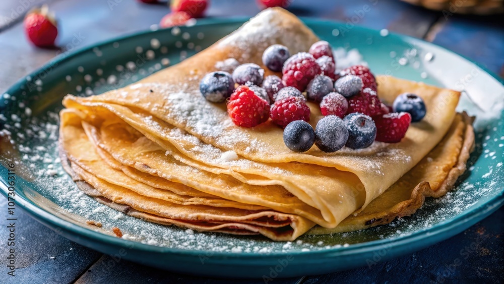 A stack of thin, golden-brown crepes dusted with powdered sugar and topped with plump raspberries and blueberries, resting on a vibrant teal plate A stack of thin, golden-brown crepes dusted with powdered sugar and topped with plump raspberries and blueberries, resting on a vibrant teal plate