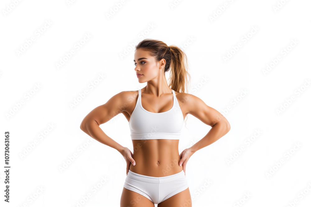 fit woman in white sports bra and shorts poses confidently, showcasing her toned physique and strong arms. Her athletic appearance reflects dedication to fitness and health. fit woman in white sports bra and shorts poses confidently, showcasing her toned physique and strong arms. Her athletic appearance reflects dedication to fitness and health.