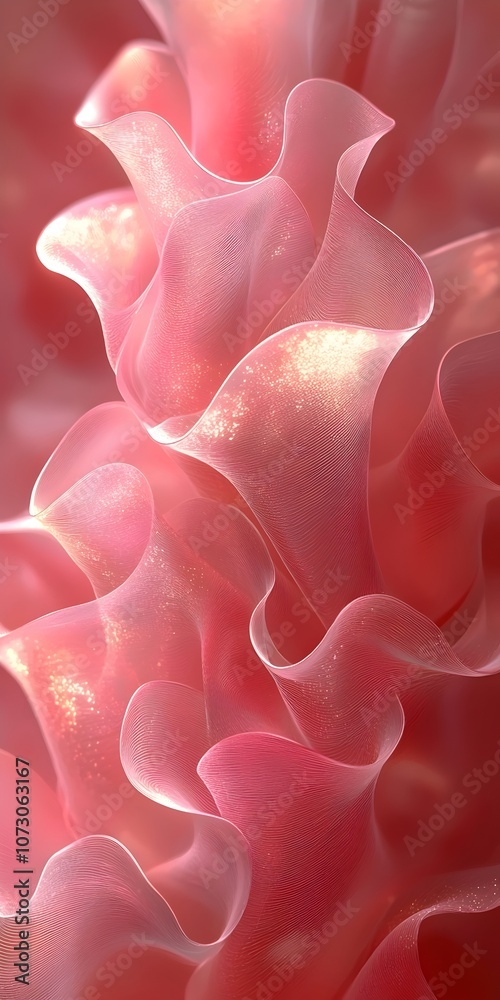 A close-up of delicate, translucent pink waves resembling soft petals, showcasing a gentle flow and a soft sheen, creating an ethereal and soothing ambiance.