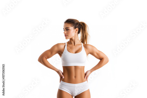 fit woman in white sports bra and shorts poses confidently, showcasing her toned physique and strong arms. Her athletic appearance reflects dedication to fitness and health.