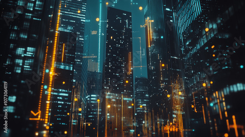 Wallpaper Mural Smart digital Innovation city Business skyscrapers in the Financial District with connection network reciprocity over the cityscape. of future smart wireless digital city and social media networking Torontodigital.ca