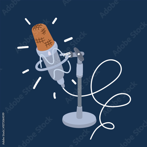 Cartoon vector illustration of a microphone for podcasting or vlogging setup, symbolizing creativity, content creation, and digital communication over dark background