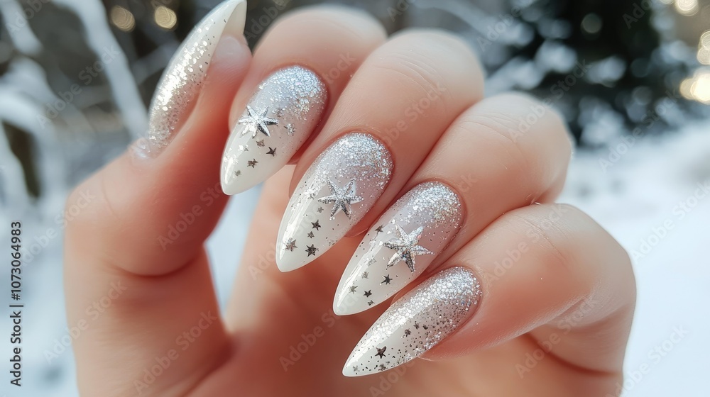 Woman's hand with snowy white and silver Christmas nail art, featuring sparkly stars and snowflakes, against a soft winter background Woman's hand with snowy white and silver Christmas nail art, featuring sparkly stars and snowflakes, against a soft winter background