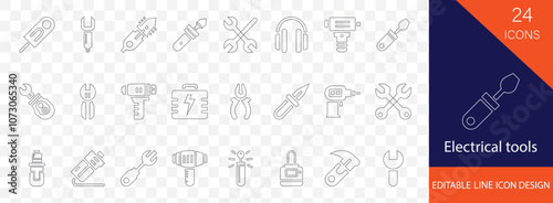 Electrical tools essential line icon set. containing screwdriver, pliers, wrench, drill, hammer, saw, multimeter and more stroke design 