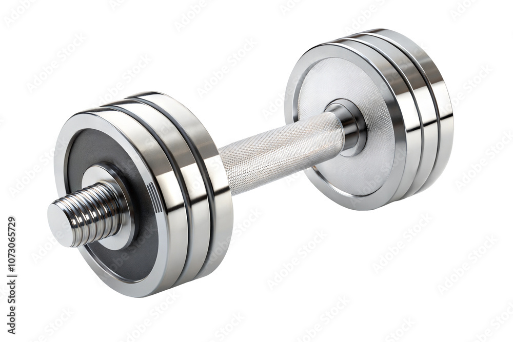 Metal dumbbell with rubber grips on a transparent or white isolated background.