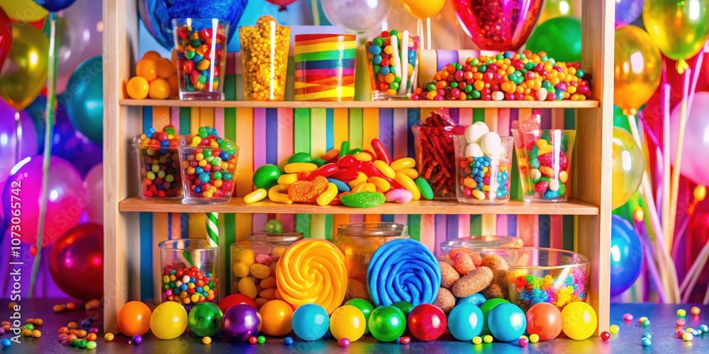 Naklejka premium A Colorful Display of Assorted Candies and Treats on a Shelf Surrounded by Bright Balloons