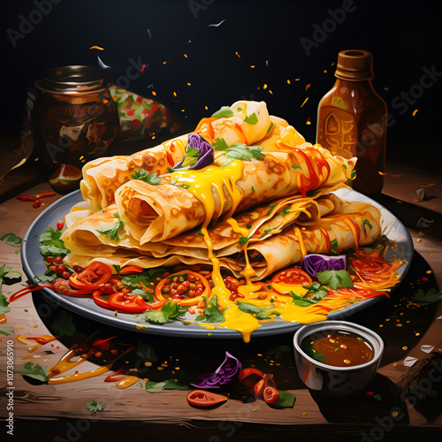 Food pictures of egg roll roti with colorful dipping sauces arranged beautifully. Generative AI