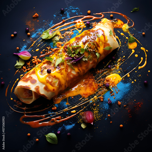 Beautiful and artistic pictures of roti food with colorful sauces. Generative AI
