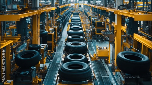 Wide-angle of tire manufacturing production line on top, rubber processing and quality control sections below. photo