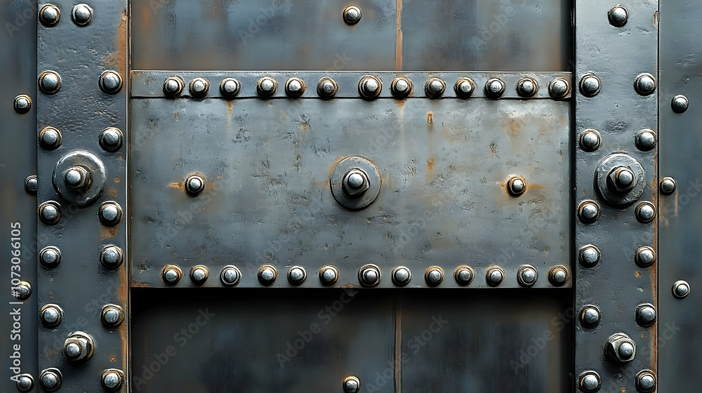 Fototapeta premium Steel Panel With Rivets And Bolts - Industrial Background