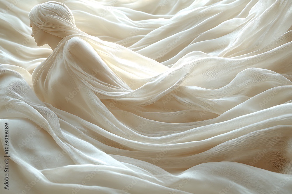 A serene statue of a woman draped in flowing white fabric. A serene statue of a woman draped in flowing white fabric.