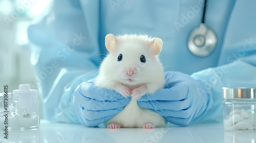 White hamster is being held by a doctor in a blue lab coat