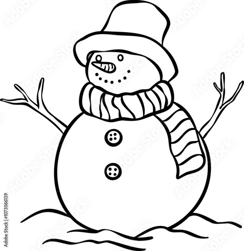 Cute snowman illustration, vector ink doodle festive winter holiday clip art, vintage realistic line art design