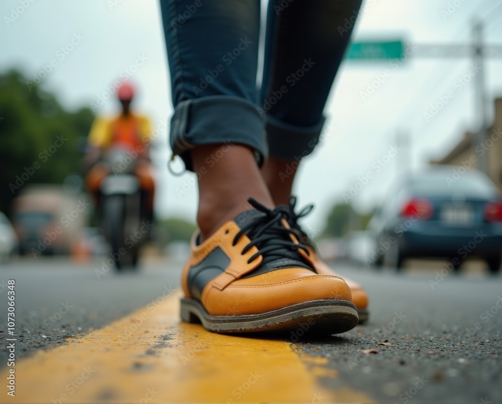 Close-up of person standing on road with traffic in background Close-up of person standing on road with traffic in background