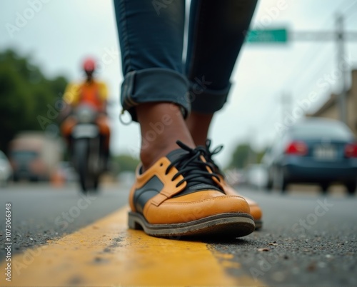 Close-up of person standing on road with traffic in background