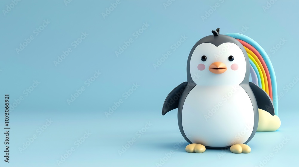Obraz premium A cute penguin stands next to a rainbow on a blue background.