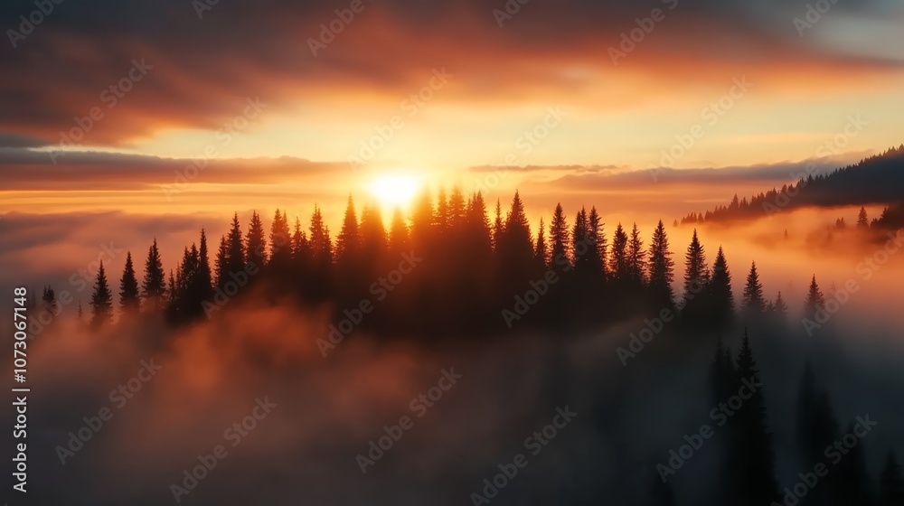 Obraz premium Stunning sunset over a foggy forest, capturing the serene beauty of nature and the transition from day to night.
