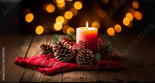 christmas table with pine cones and candle