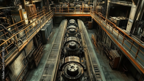 Wide-angle view of a motor production factory  with the production line on top displaying motors in various stages of assembly.