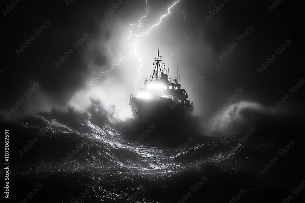A solitary ship battles a raging storm at sea, illuminated by a bolt of lightning. A solitary ship battles a raging storm at sea, illuminated by a bolt of lightning.
