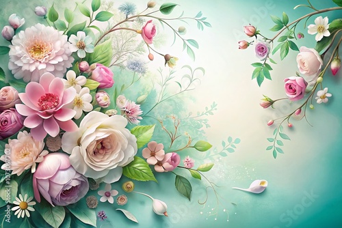 Elegant Floral Design Elements with Soft Pastel Colors on the Left Side, Perfect for Invitations, Backgrounds, and Creative Projects with Ample Copy Space for Customization