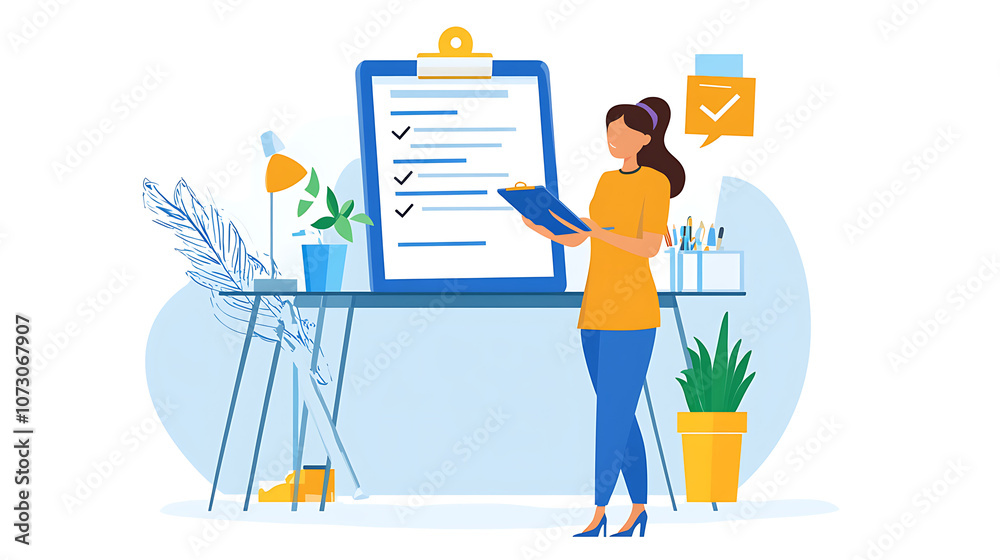 Professional female supervisor with a clipboard, checking team progress in a creative workspace Professional female supervisor with a clipboard, checking team progress in a creative workspace