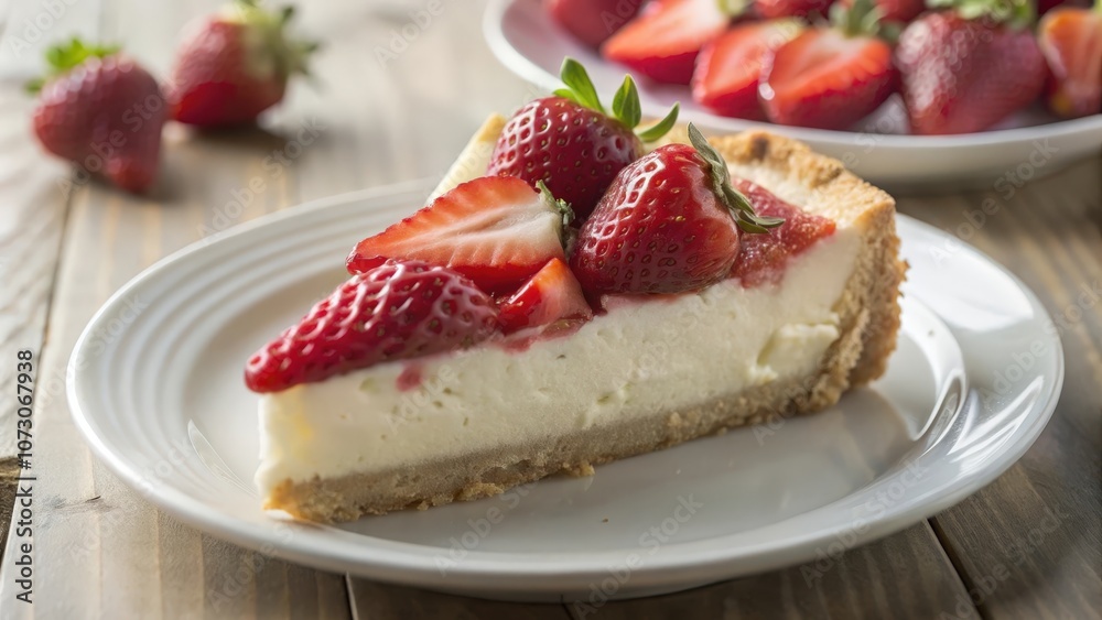 A slice of creamy cheesecake topped with fresh strawberries and a hint of strawberry sauce, perfectly presented on a white plate, ready to be enjoyed A slice of creamy cheesecake topped with fresh strawberries and a hint of strawberry sauce, perfectly presented on a white plate, ready to be enjoyed